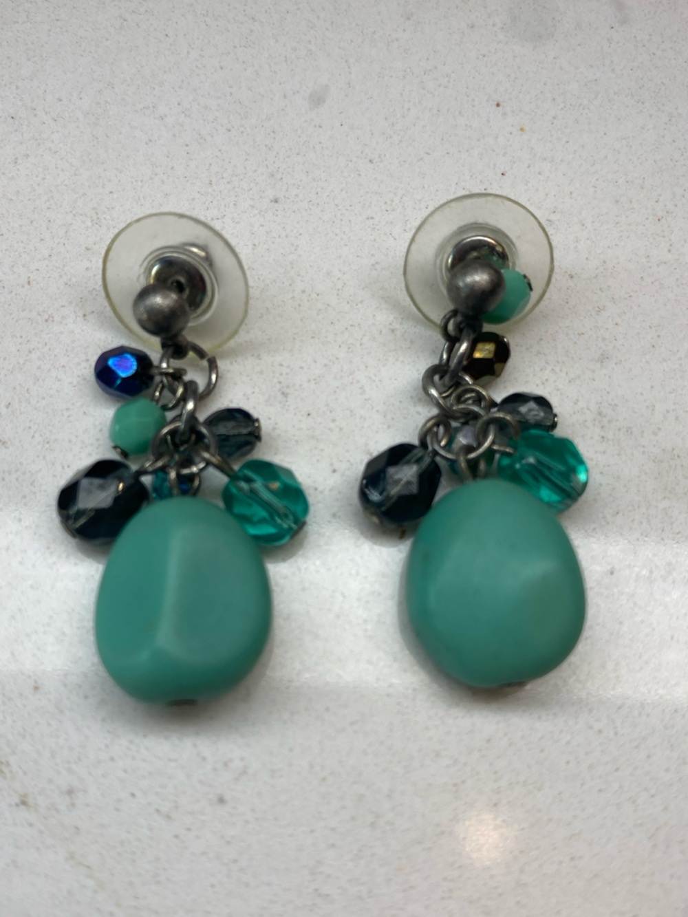 Boho Teal Green & Blue Beaded Cluster Dangle Earrings Pierced 1.5”